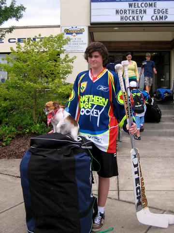 Me and Alphie with my 40 pounds of goalie gear - July 22, 2008