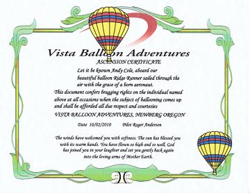 My dad and I each received a Balloon Ride Certificate - October 2, 2010