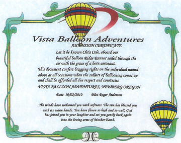 Chris Cole Balloon Ride Certificate - October 2, 2010