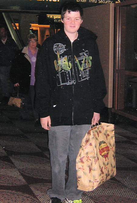 Andrew at Eugene, Oregon airport arriving to visit Vee