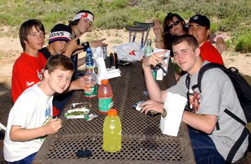 Jeremy - back left, Andrew - front left, Jayme - front right, Mother - back right and friends on picnic - June 14, 2002