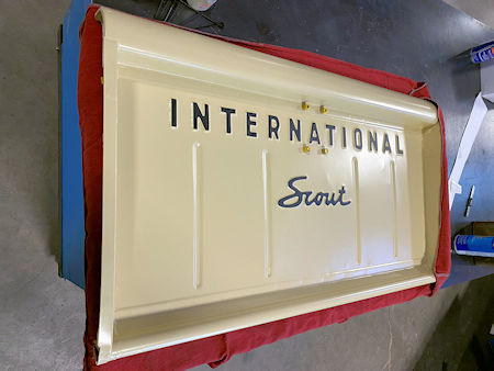 Restored 1968 Scout tailgate being wrapped